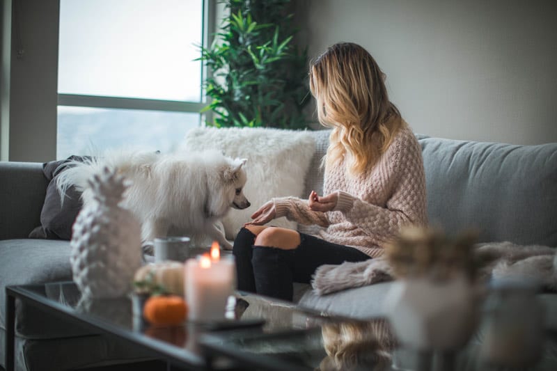 woman and dog in cozy room