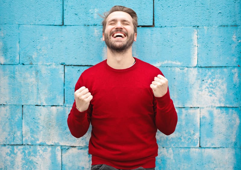 happy man in red shirt