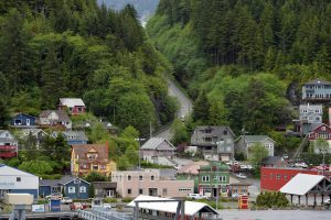 Small rural town nestled in a forested hillside