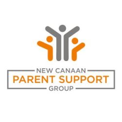Logo for New Canaan Parent Support Group with three raised-arm figures above the name in gray and orange.